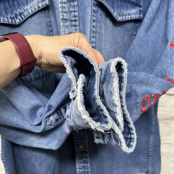 Tommy Hilfiger Blue Denim Long Sleeve Shirt Jean Distressed Faded Vintage 90s - Picture 6 of 14